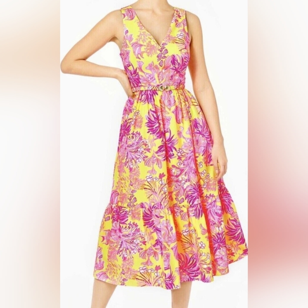 Lilly Pulitzer Neon Yellow, Pink & Coral Floral Midi Dress, V-neck, pockets, Sz4